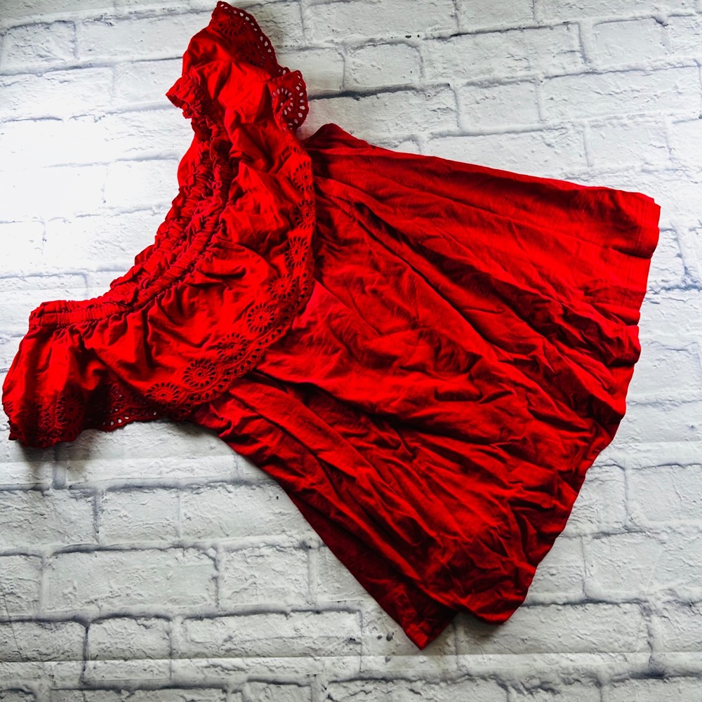 Lane Bryant Womens Red Boho Eyelet Lace Ruffle Off Shoulder Swing T Blouse 14/16